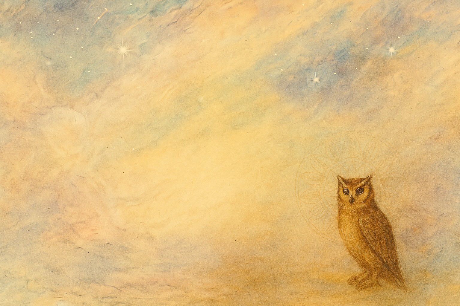 A hand-drawn golden owl beneath a faint sacred circle in a luminous, star-filled sky.